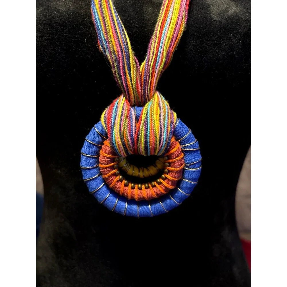 Handcrafted Rainbow Colors Statement Necklace Circular Pendant Boho Hippie Artsy
